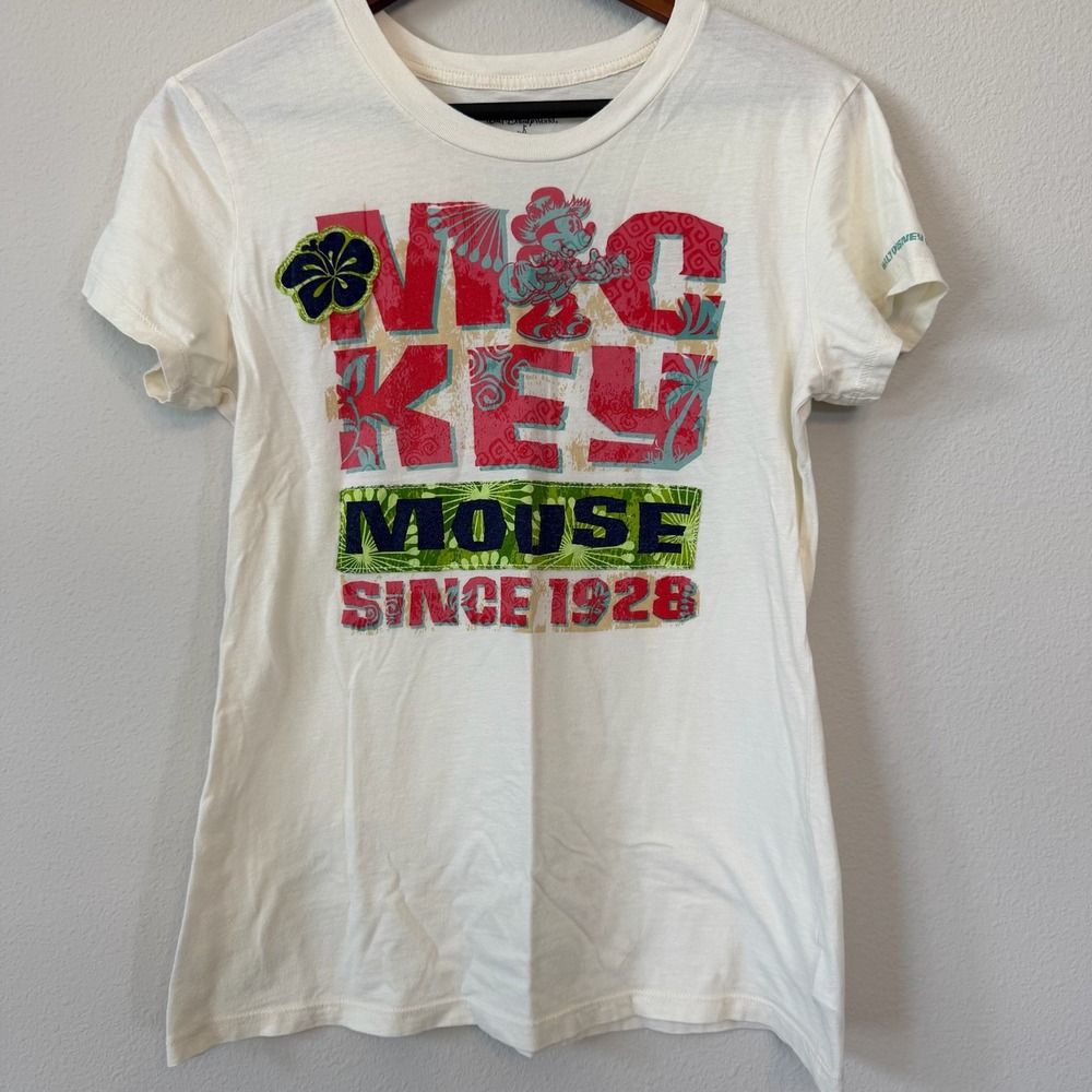 Disney Mickey Mouse T-Shirt Womens L Cream Tropical Graphic Hawaiian Floral Tee‎